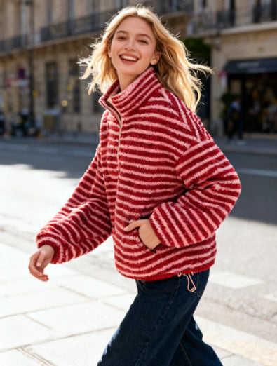 Striped Quarter-Zip Fleece Pullover with High Neck