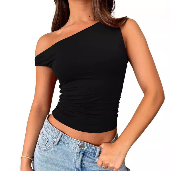 Solid One-Shoulder Skirt Set with Ruched Detailing