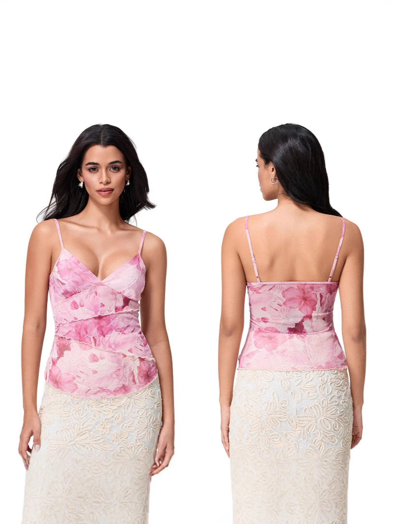 Floral Mesh Camisole with V-Neck and Tiered Ruffles