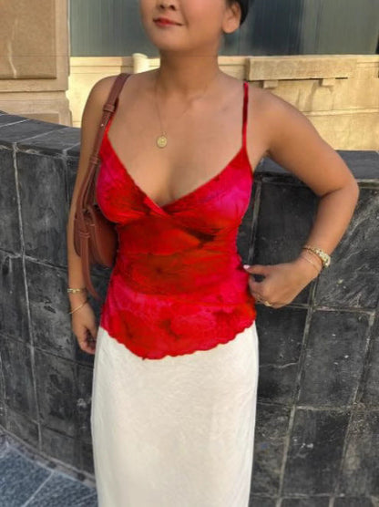 Floral Mesh Camisole with V-Neck and Tiered Ruffles