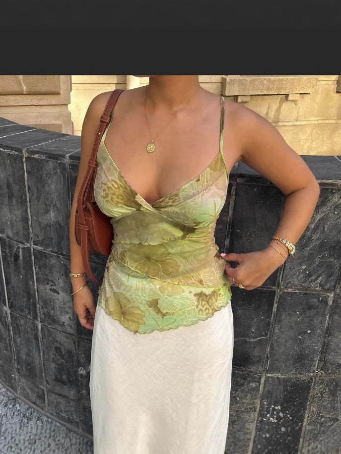 Floral Mesh Camisole with V-Neck and Tiered Ruffles