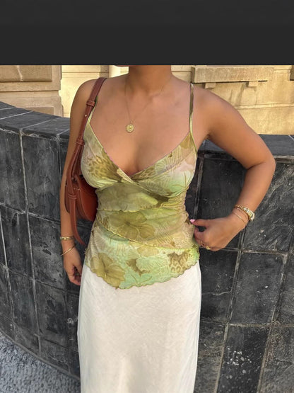 Floral Mesh Camisole with V-Neck and Tiered Ruffles