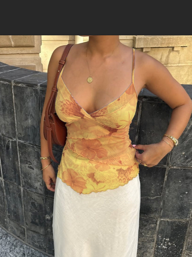Floral Mesh Camisole with V-Neck and Tiered Ruffles