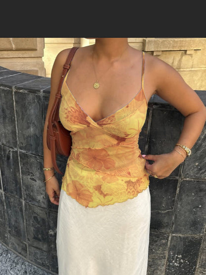 Floral Mesh Camisole with V-Neck and Tiered Ruffles