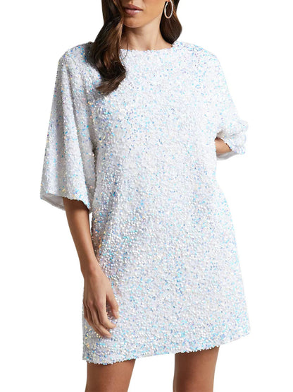 Sequined Shift Mini Dress with Half Sleeves