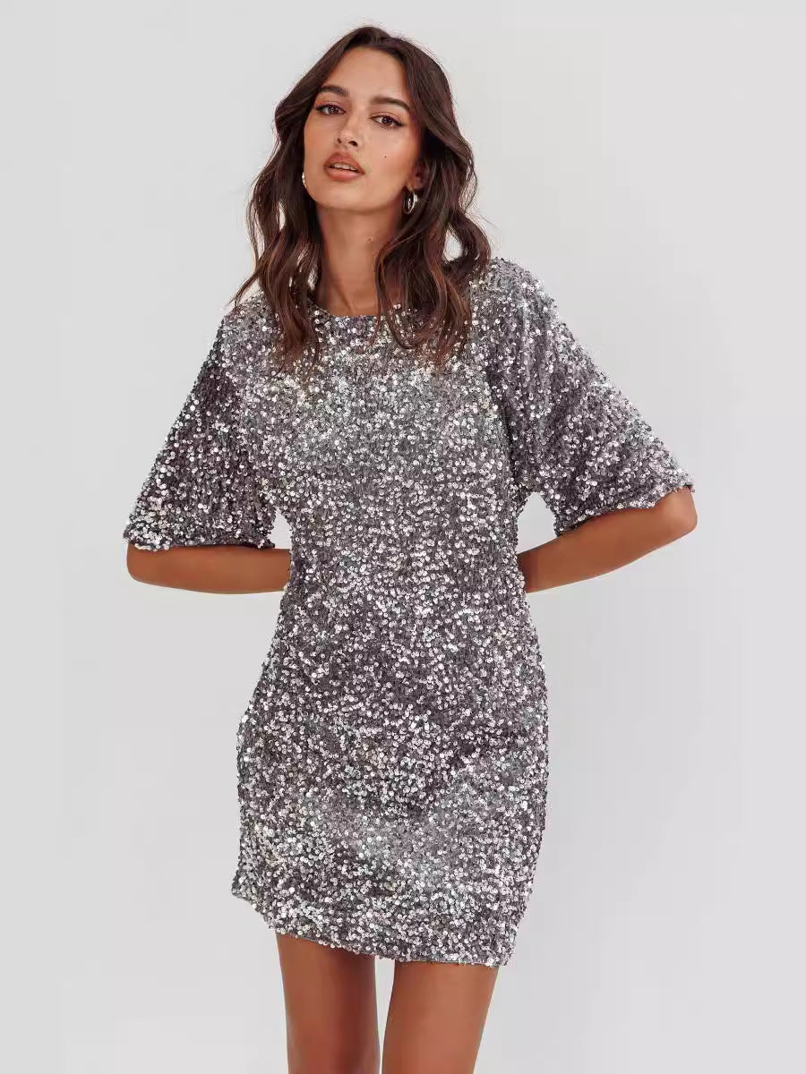 Sequined Shift Mini Dress with Half Sleeves