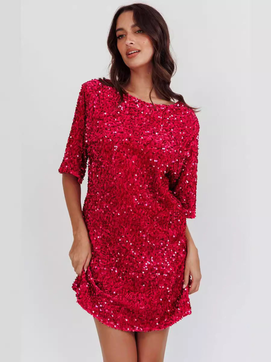 Sequined Shift Mini Dress with Half Sleeves