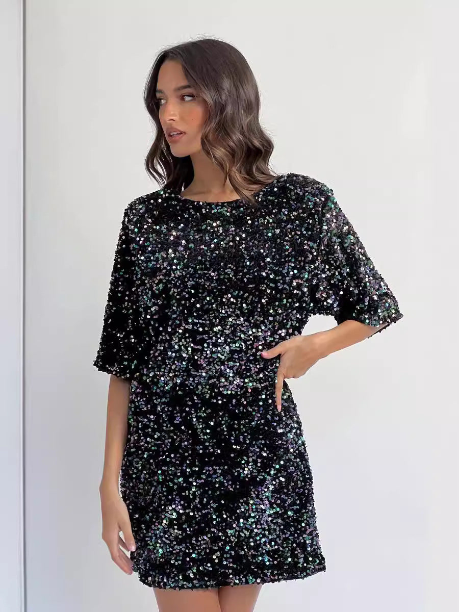 Sequined Shift Mini Dress with Half Sleeves