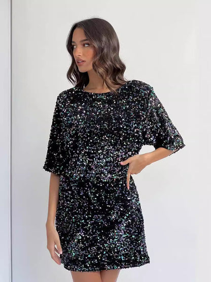 Sequined Shift Mini Dress with Half Sleeves