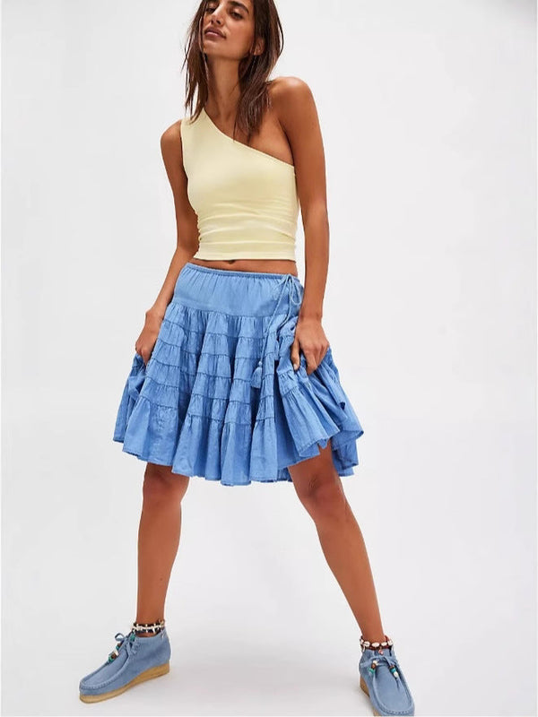 Tiered A-Line Mid Skirt with Drawstring Detail