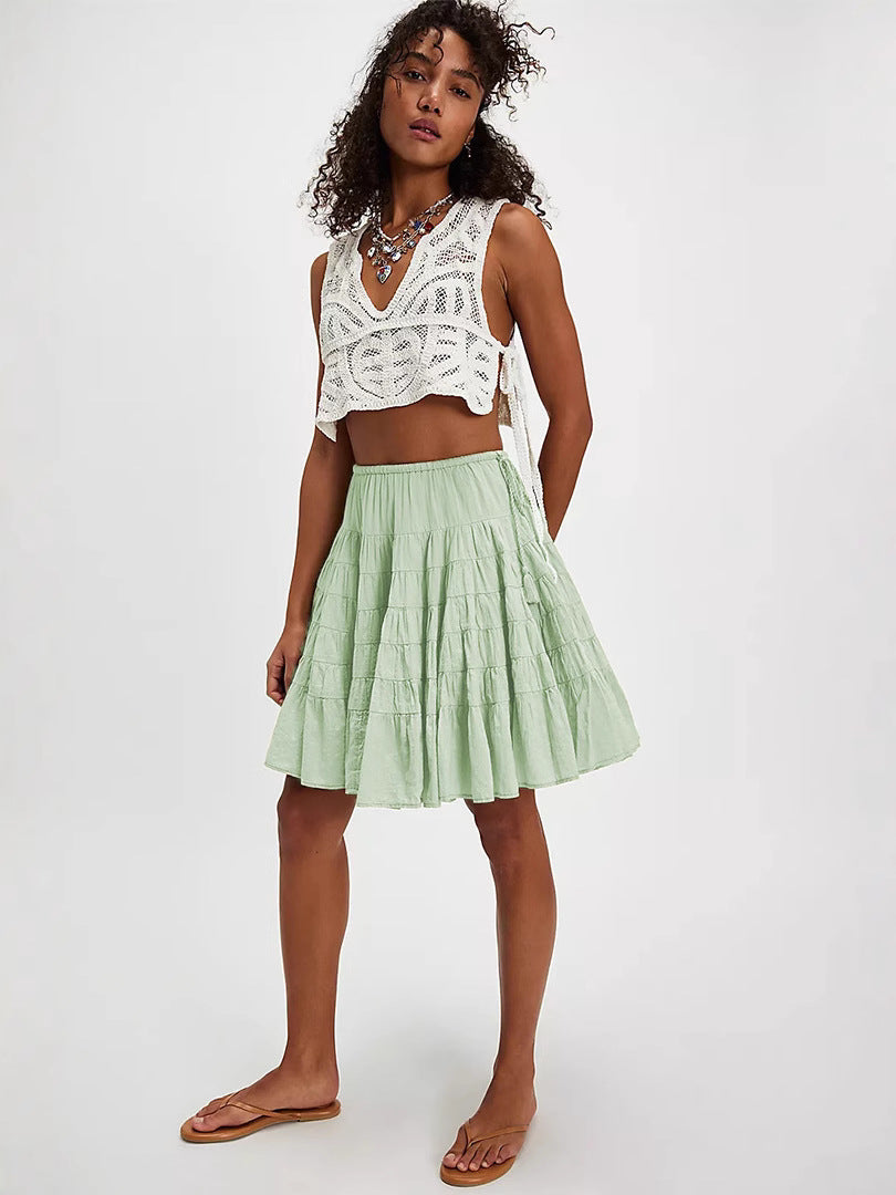 Tiered A-Line Mid Skirt with Drawstring Detail