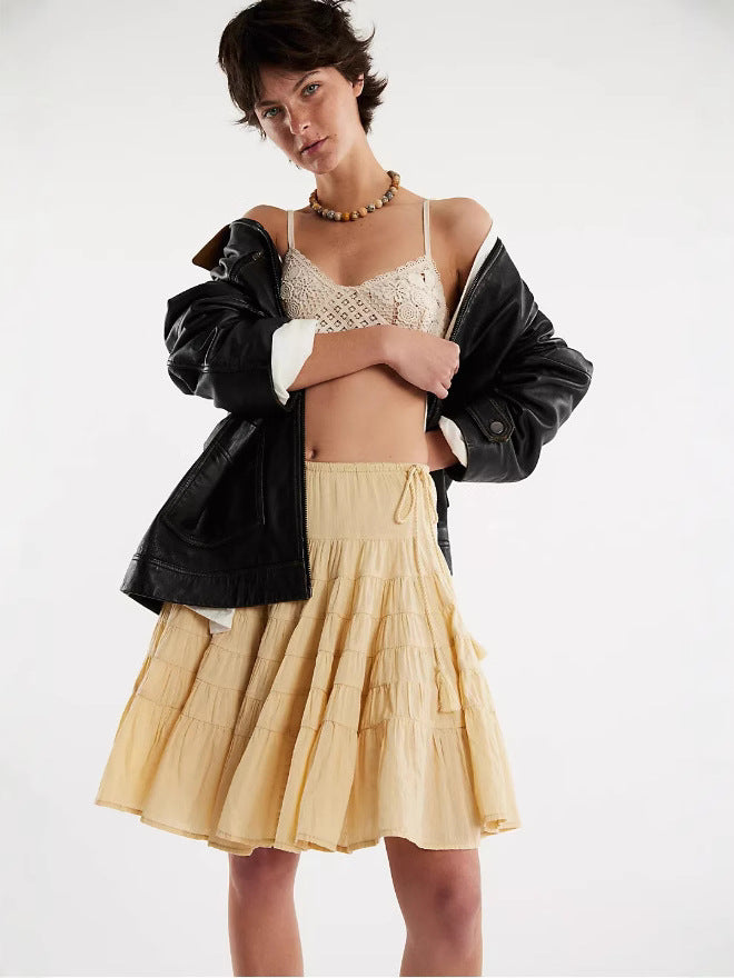 Tiered A-Line Mid Skirt with Drawstring Detail
