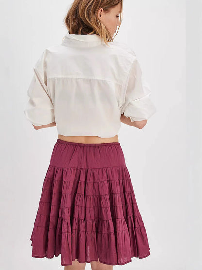 Tiered A-Line Mid Skirt with Drawstring Detail