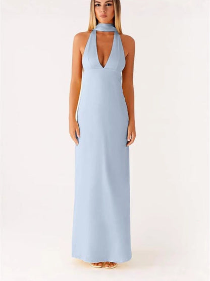 Halter Sheath Maxi Dress with Choker Collar and V-Neck