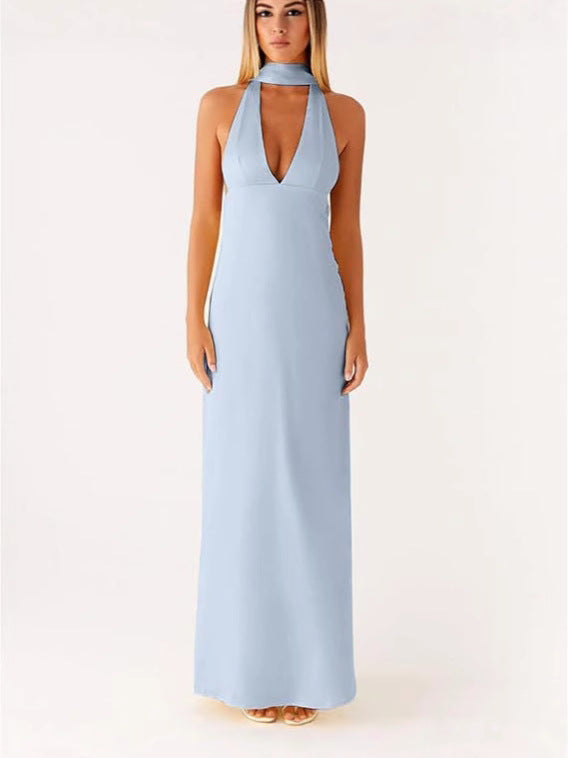 Halter Sheath Maxi Dress with Choker Collar and V-Neck