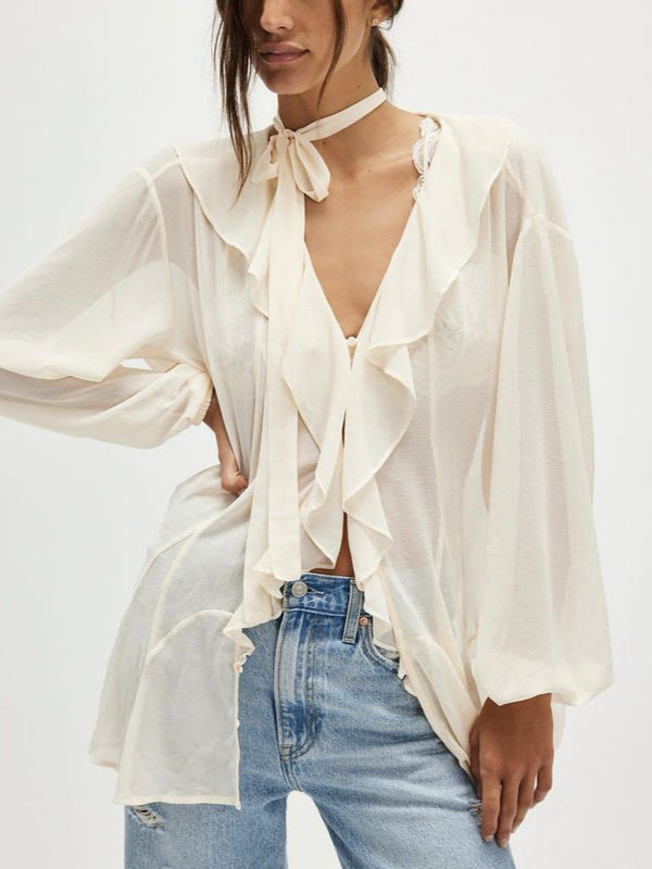 Sheer Ruffle Blouse with Bell Sleeves and Matching Scarf