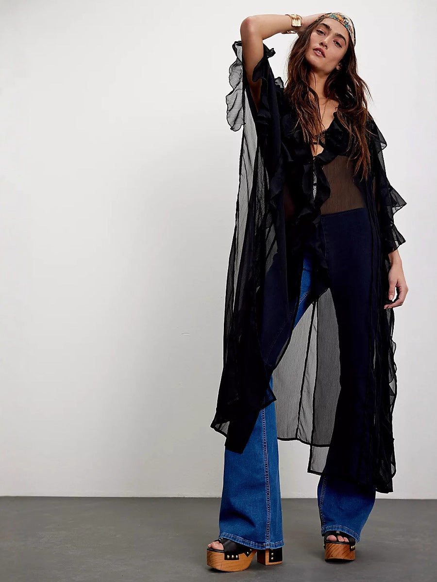 Asymmetrical Ruffled Chiffon Duster with Dolman Sleeves