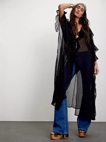 Asymmetrical Ruffled Chiffon Duster with Dolman Sleeves