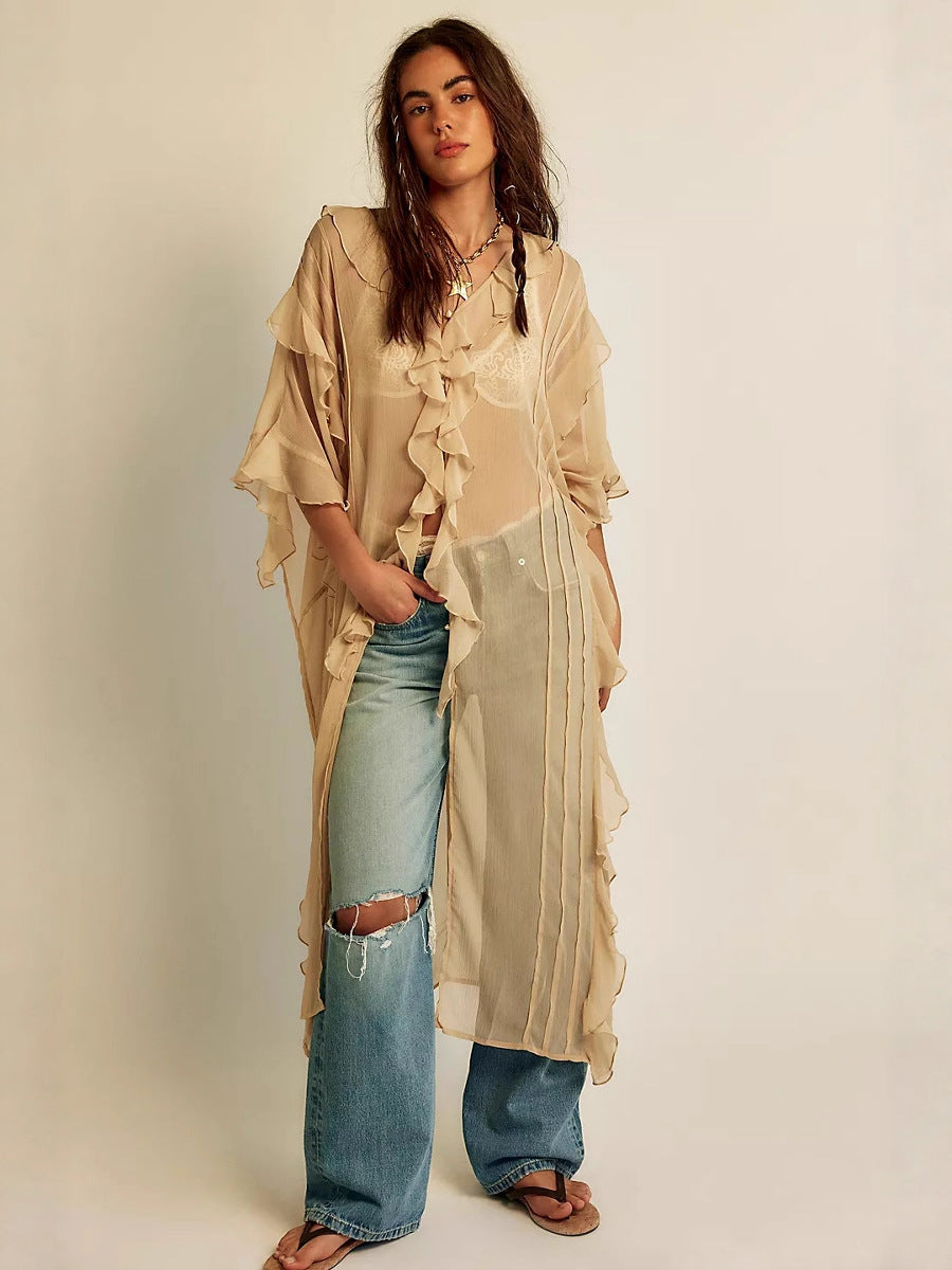 Asymmetrical Ruffled Chiffon Duster with Dolman Sleeves