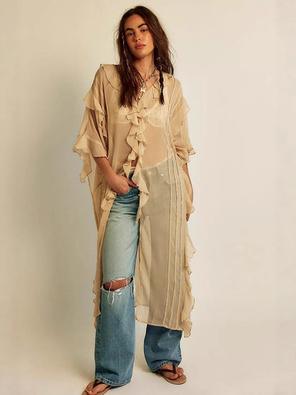 Asymmetrical Ruffled Chiffon Duster with Dolman Sleeves