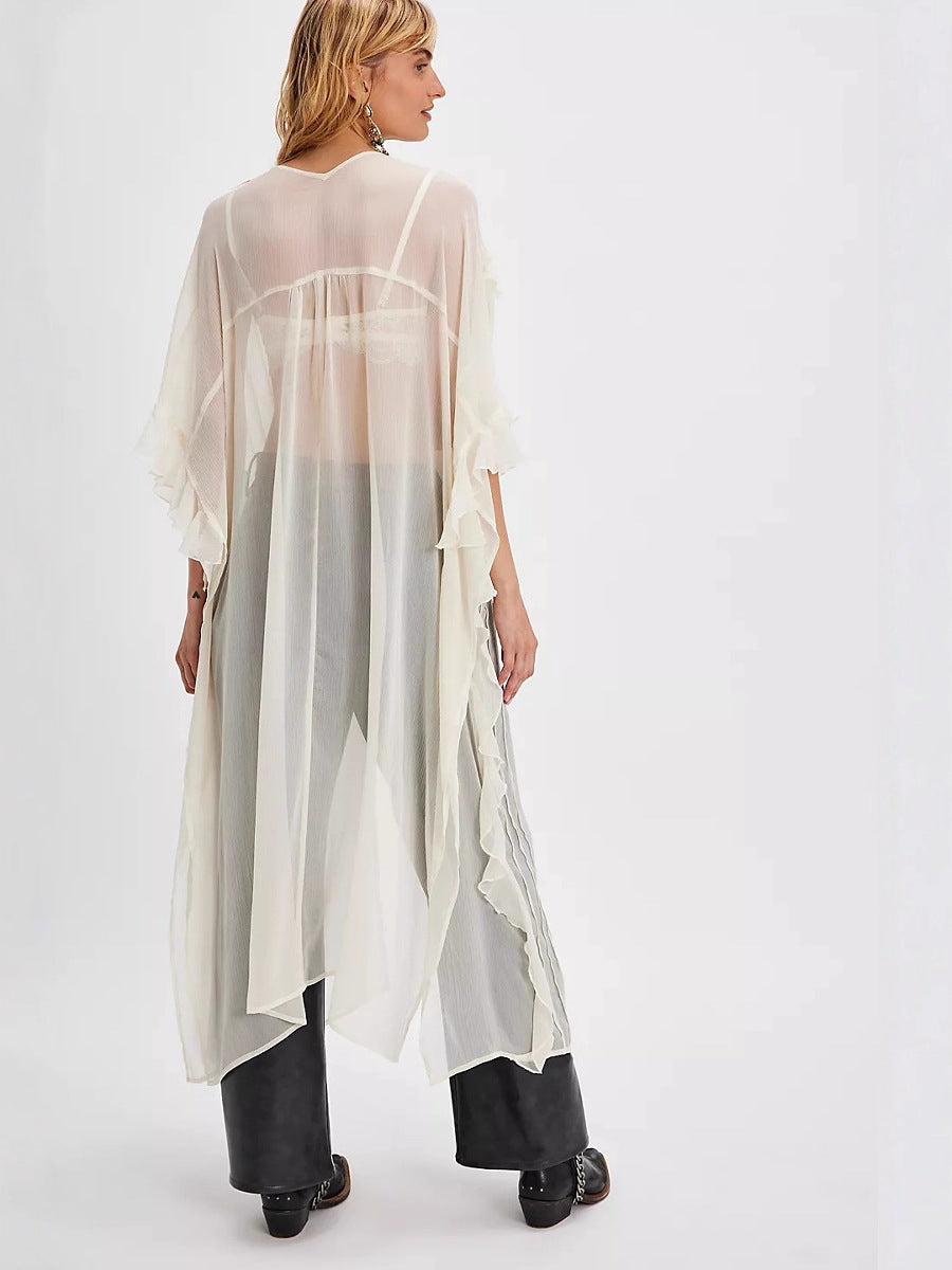 Asymmetrical Ruffled Chiffon Duster with Dolman Sleeves