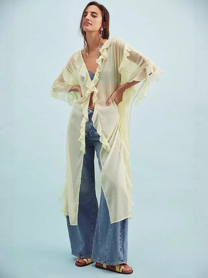 Asymmetrical Ruffled Chiffon Duster with Dolman Sleeves