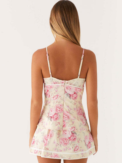 Floral Print Mini Dress with Lace-Up Corset Front