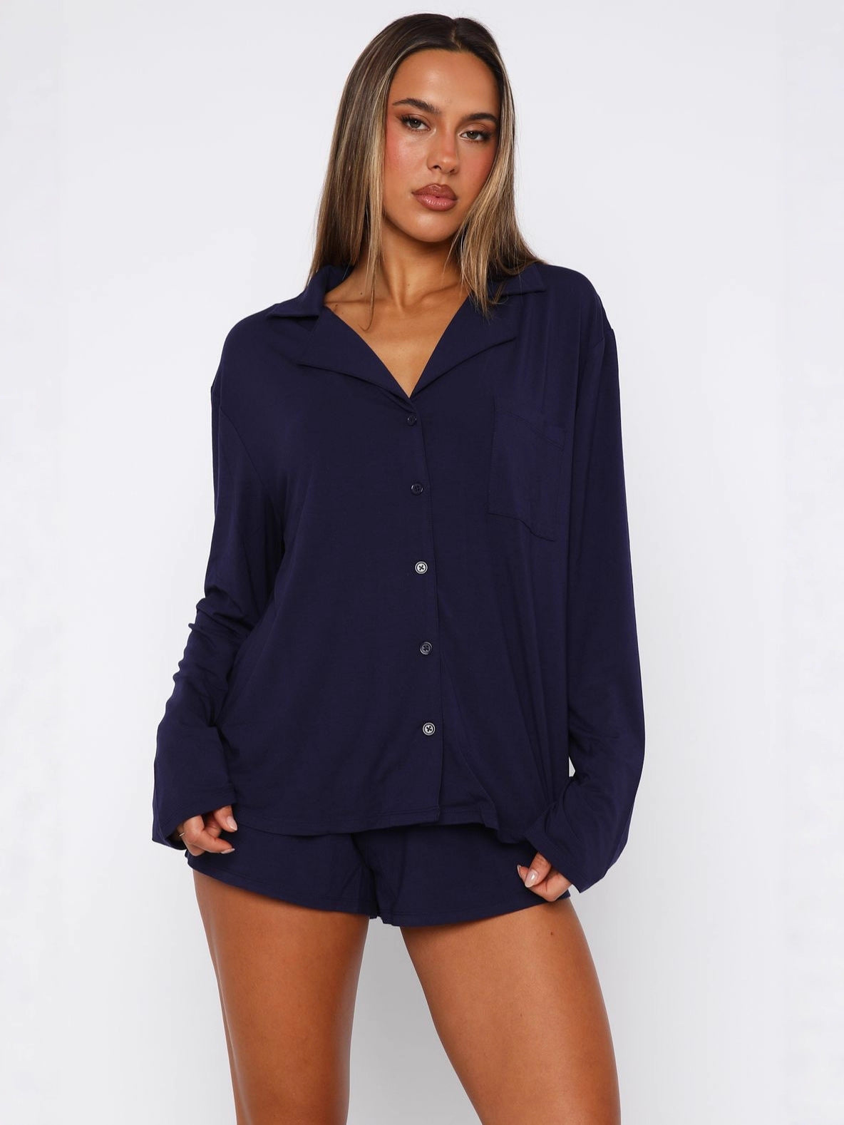 Long Sleeve Pajama Set with Notched Collar and Shorts