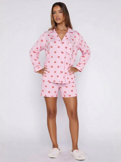 Long Sleeve Pajama Set with Notched Collar and Shorts