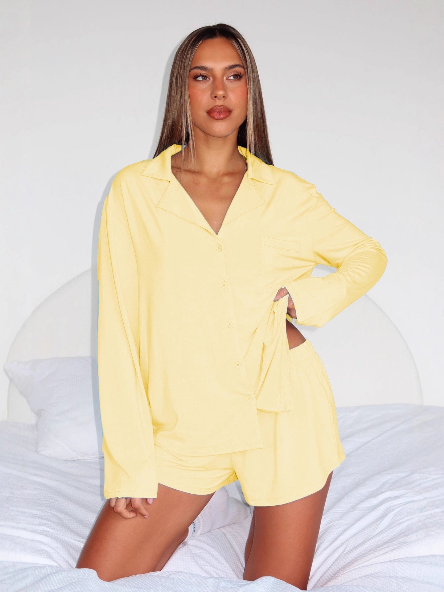 Long Sleeve Pajama Set with Notched Collar and Shorts