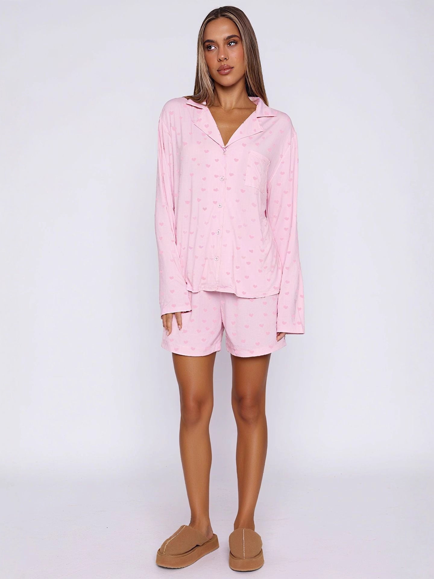 Long Sleeve Pajama Set with Notched Collar and Shorts