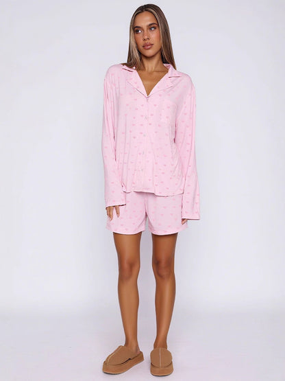 Long Sleeve Pajama Set with Notched Collar and Shorts