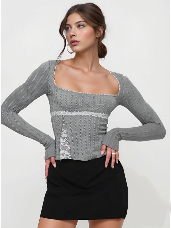 Slim Fit Long Sleeve Top with Square Neck and Lace Splicing