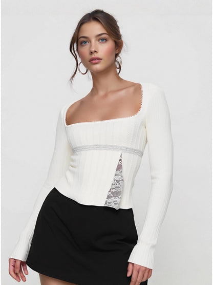 Slim Fit Long Sleeve Top with Square Neck and Lace Splicing