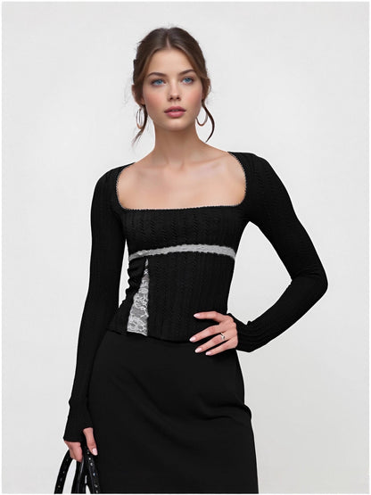 Slim Fit Long Sleeve Top with Square Neck and Lace Splicing