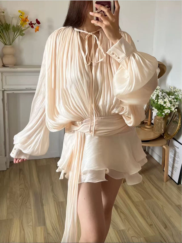 Pleated Two-Piece Set with Lantern Sleeves and Ruffled Skirt