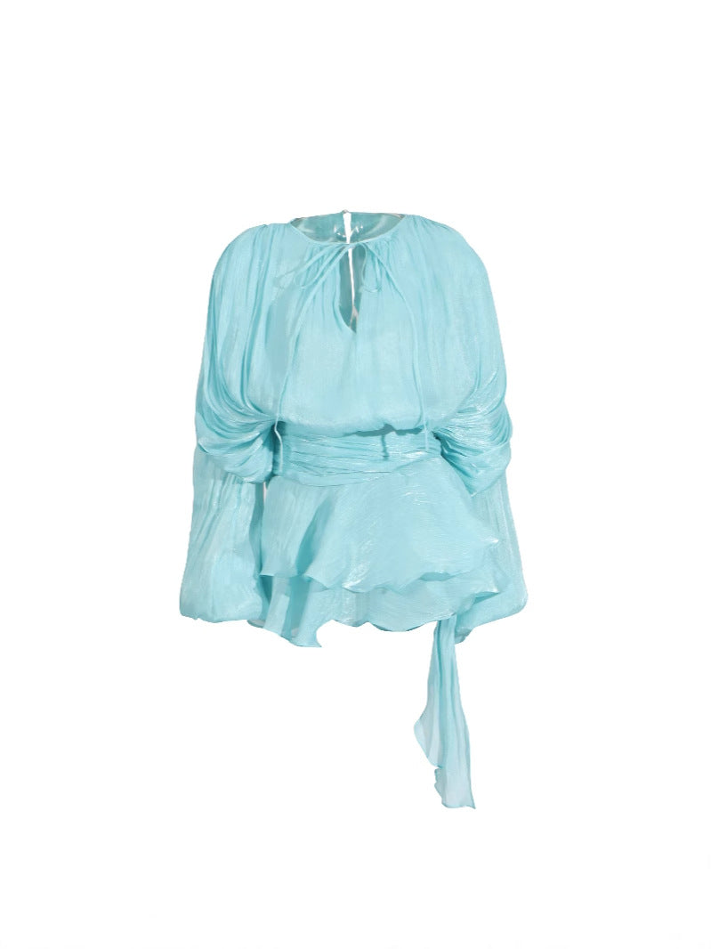 Pleated Two-Piece Set with Lantern Sleeves and Ruffled Skirt
