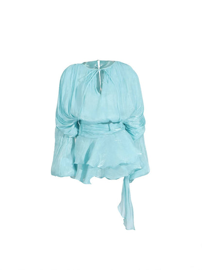 Pleated Two-Piece Set with Lantern Sleeves and Ruffled Skirt