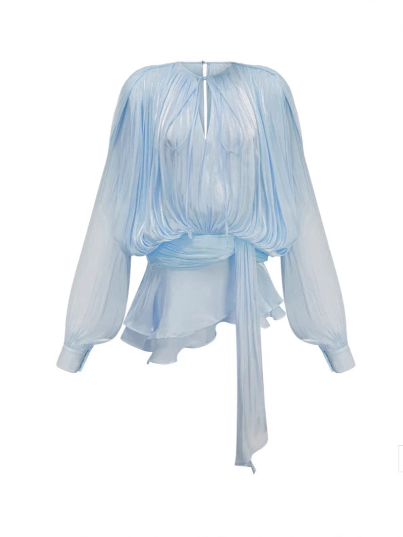 Pleated Two-Piece Set with Lantern Sleeves and Ruffled Skirt