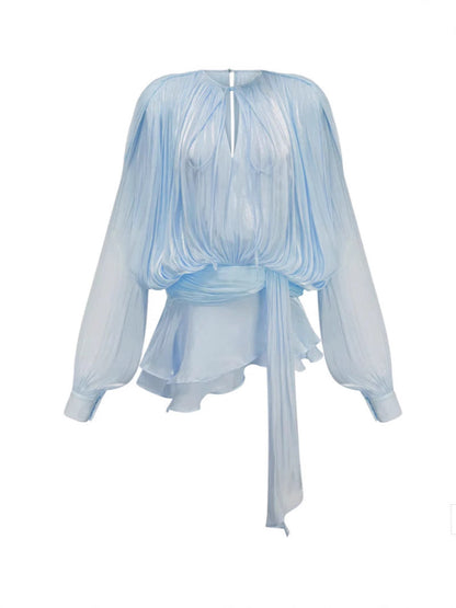 Pleated Two-Piece Set with Lantern Sleeves and Ruffled Skirt