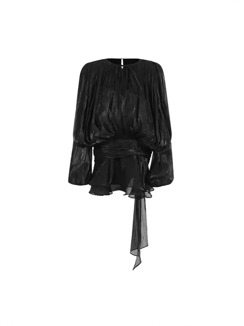 Pleated Two-Piece Set with Lantern Sleeves and Ruffled Skirt
