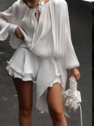 Pleated Two-Piece Set with Lantern Sleeves and Ruffled Skirt