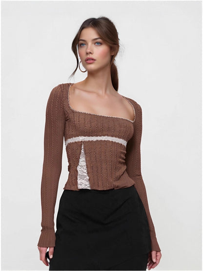 Slim Fit Long Sleeve Top with Square Neck and Lace Splicing