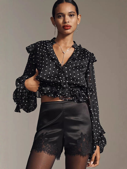 High-Waisted Satin Shorts with Eyelash Lace Trim