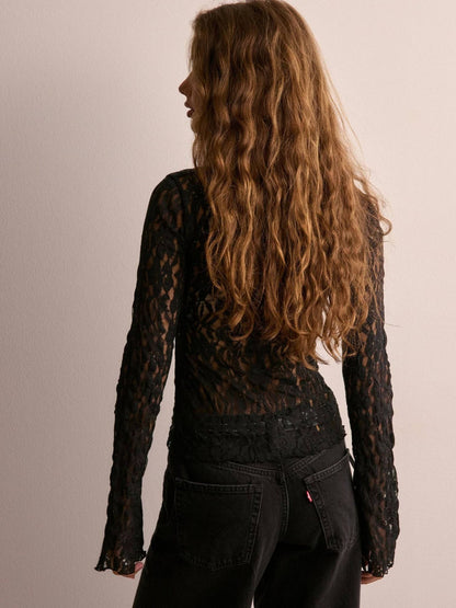 Slim Fit Lace Long Sleeve Top with Tie-Front V-Neck