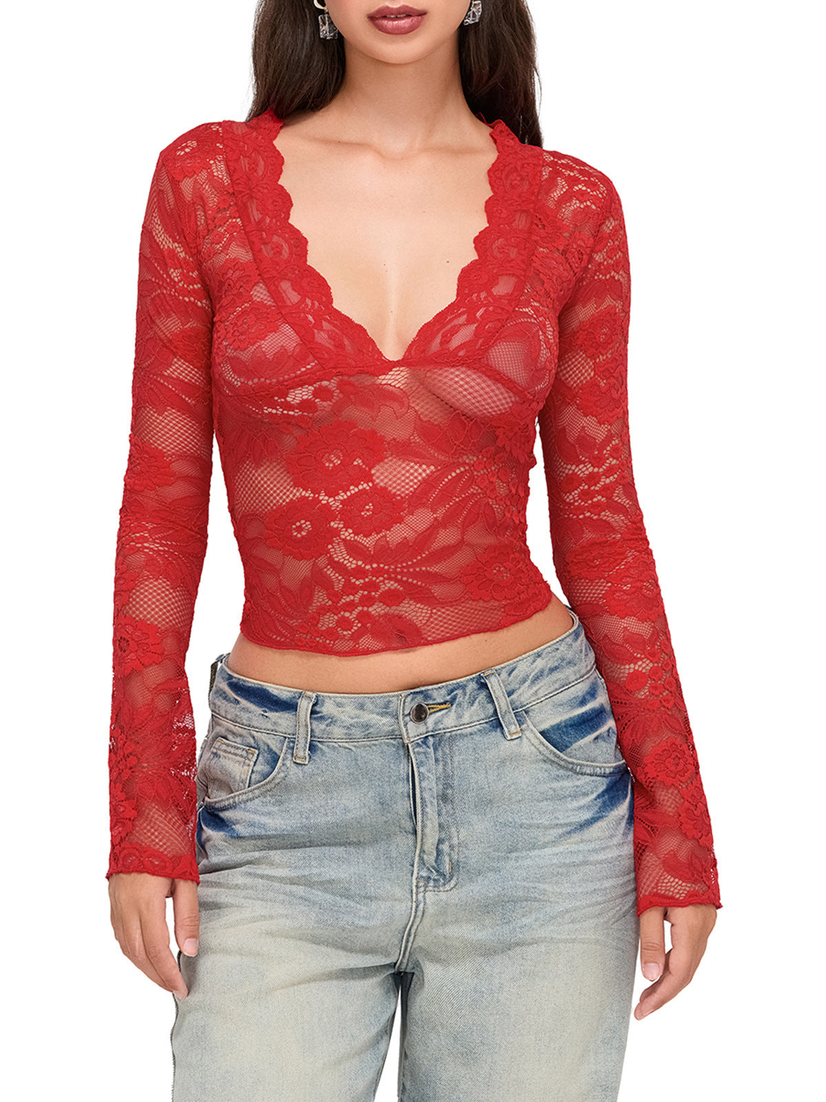 Slim Fit Lace Crop Top with V-Neck and Bell Sleeves