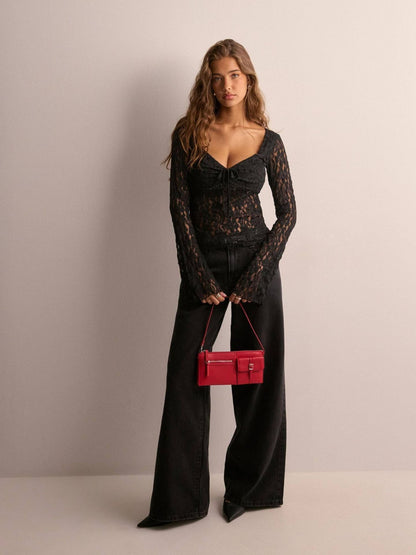 Slim Fit Lace Long Sleeve Top with Tie-Front V-Neck