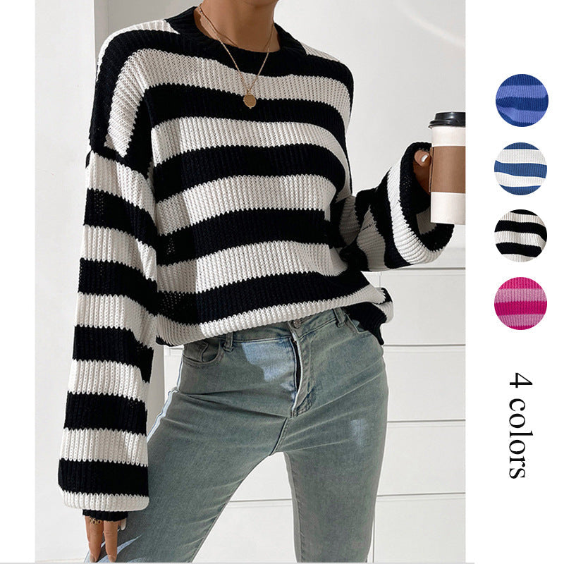 Oversized Striped Knit Sweater with Crewneck