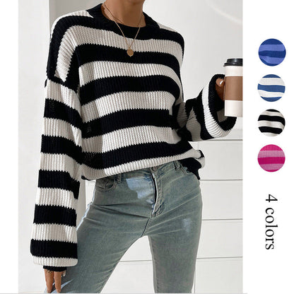 Oversized Striped Knit Sweater with Crewneck