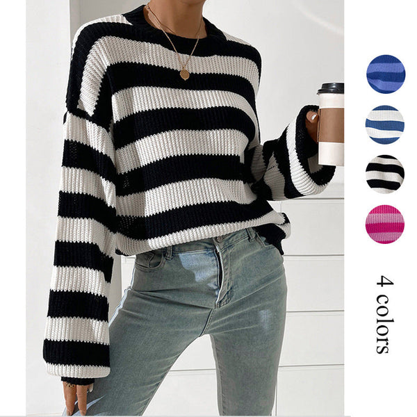 Oversized Striped Knit Sweater with Crewneck